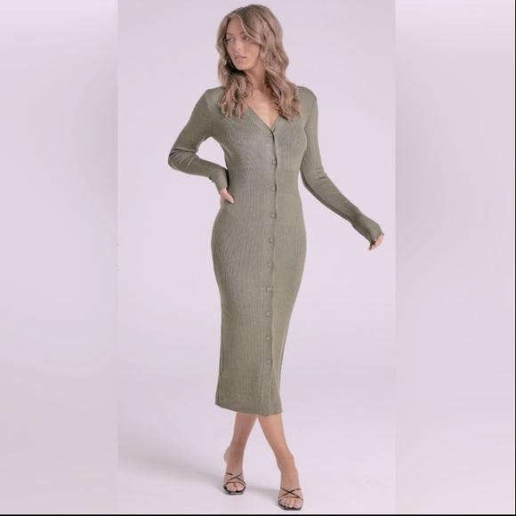 Eloquii Women's Long Sleeve Button Up Ribbed Midi Dress In Green. Large - Picture 3 of 13